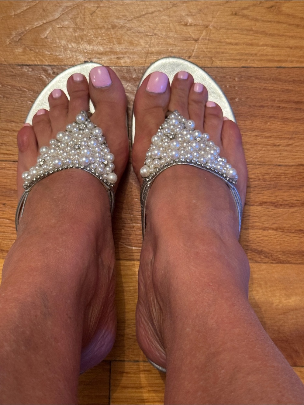 Elegant Silver Pearl-Embellished Women's Sandals by Beverly Feldman